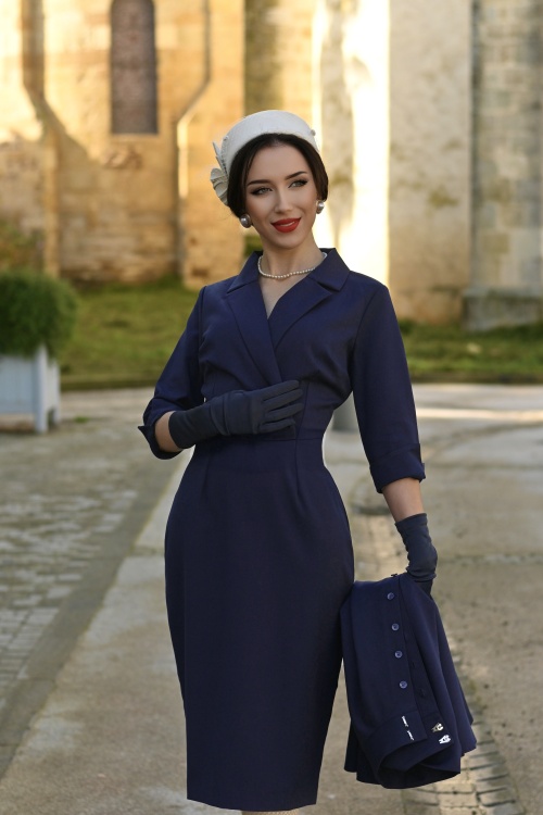 Vintage Diva - Palmer pencil jurk met overrok in marineblauw 2