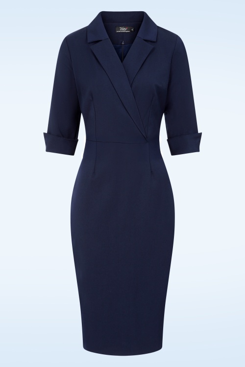 Vintage Diva  - Palmer pencil jurk met overrok in marineblauw 5