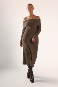 Glamorous - Bardot gebreide midi jurk in donkerbruin