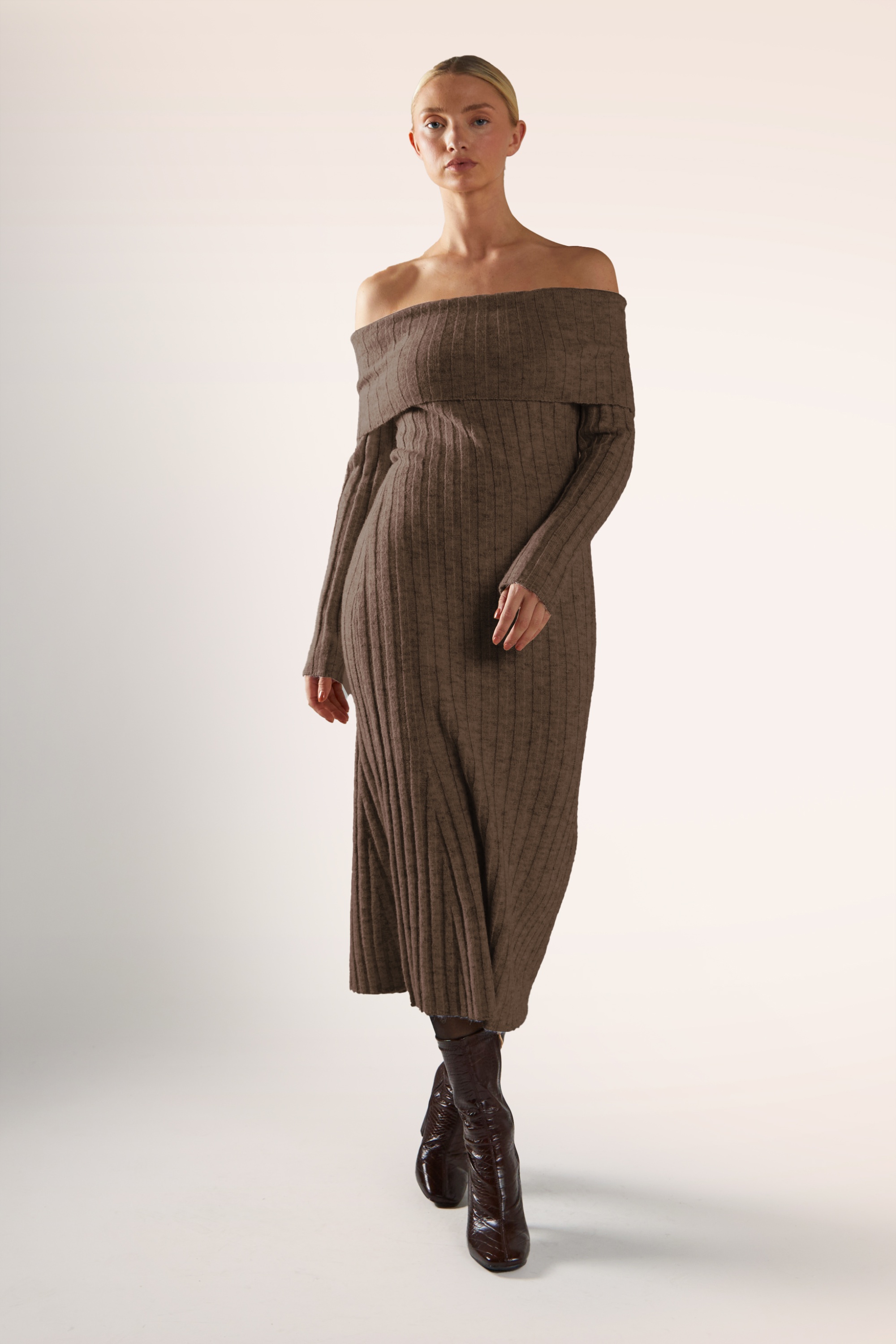 Glamorous - Bardot gebreide midi jurk in donkerbruin