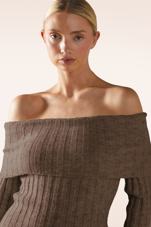 Glamorous - Bardot gebreide midi jurk in donkerbruin 2