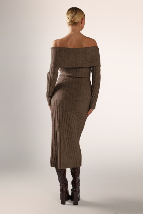 Glamorous - Bardot gebreide midi jurk in donkerbruin 3
