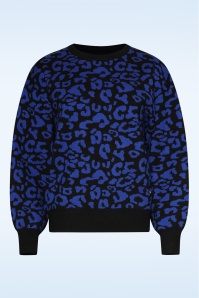 Smashed Lemon - Lennie Leopard gebreide trui in zwart en kobaltblauw 2