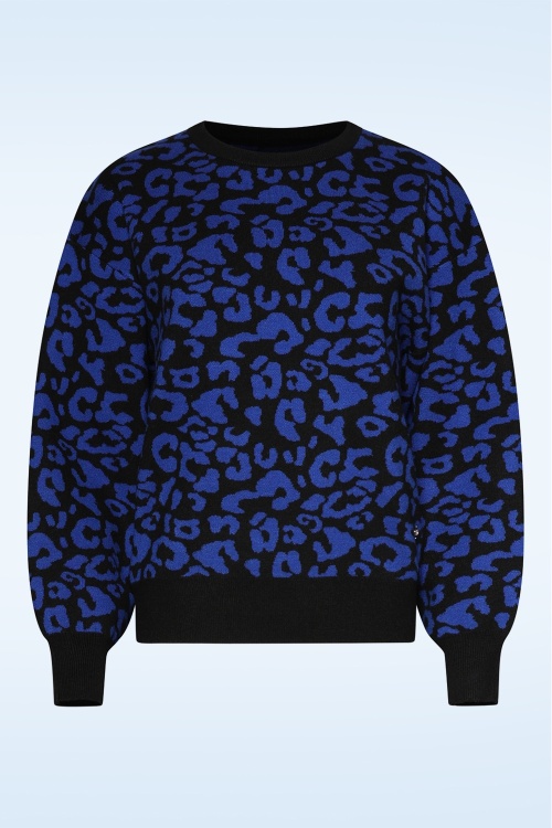 Smashed Lemon - Lennie Leopard gebreide trui in zwart en kobaltblauw 2