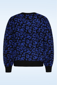 Smashed Lemon - Lennie Leopard gebreide trui in zwart en kobaltblauw 4