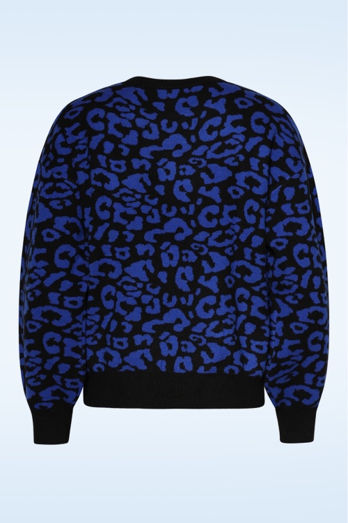 Smashed Lemon - Lennie Leopard gebreide trui in zwart en kobaltblauw 4