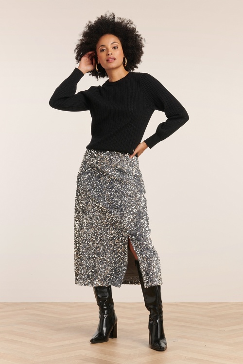 Smashed Lemon - Senna midi rok met pailletten in zilver