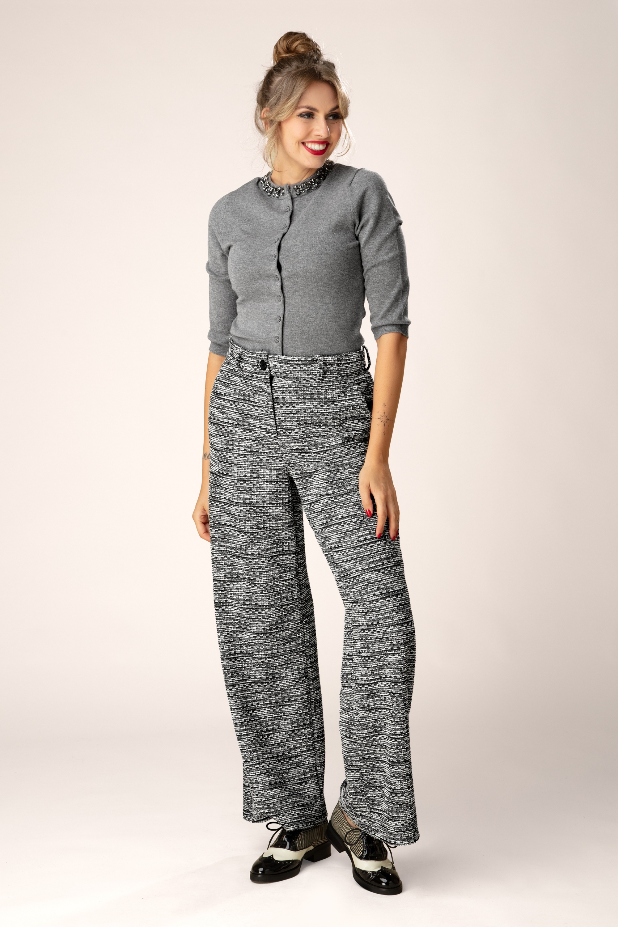 Smashed Lemon - Stella Bouclé pantalon in zwart en wit