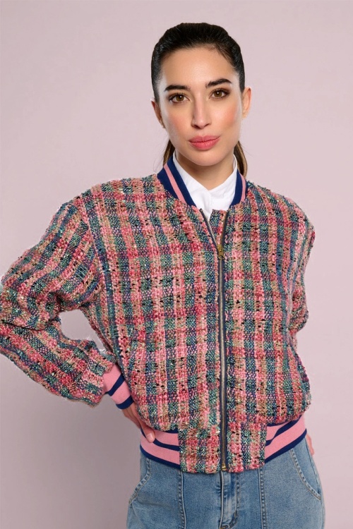 Minueto - Romola tweed bomberjack in roze en multi