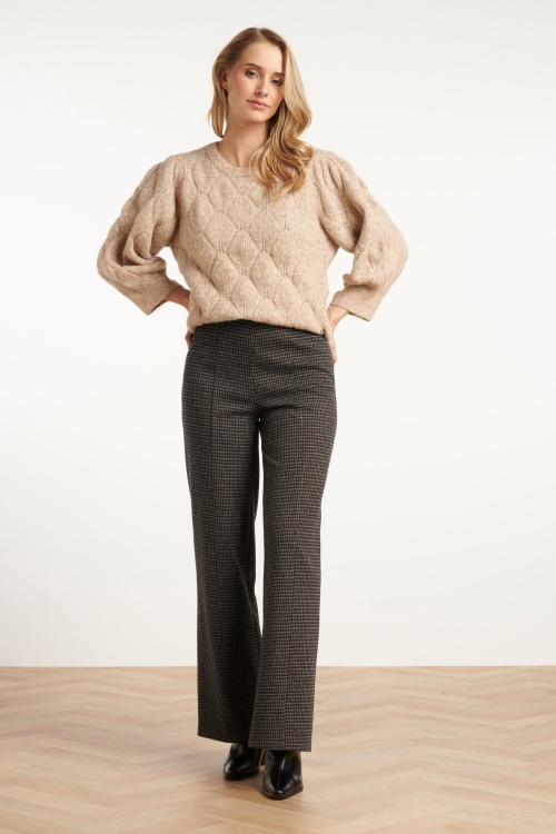 Smashed Lemon - Norah Houndstooth pantalon in zwart en zand