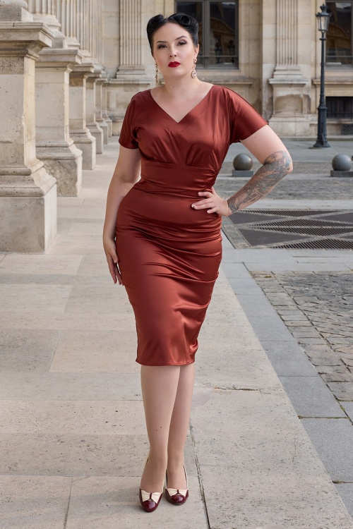 Miss Candyfloss - Louane Sunrise satijnen pencil jurk in Sienna