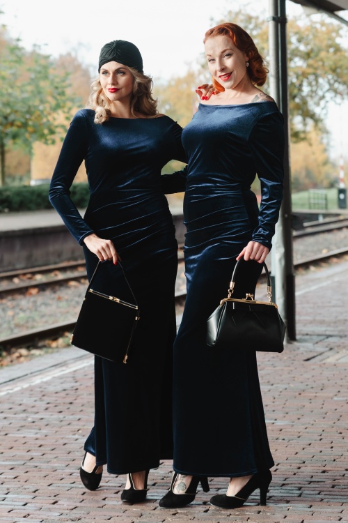 Vintage Chic for Topvintage - Topvintage exclusive ~ Sage fluwelen maxi jurk in marineblauw 3