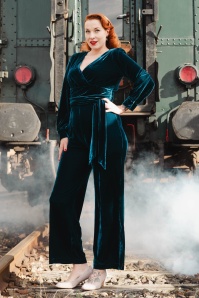 Vintage Diva  - Celeste fluwelen jumpsuit in teal 3