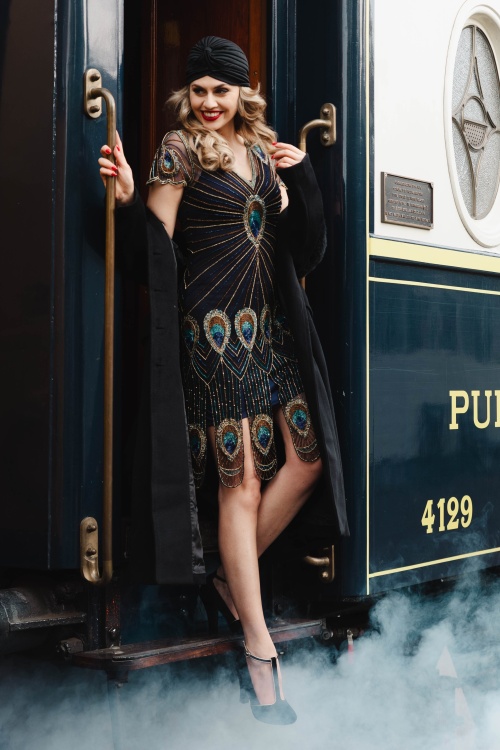 GatsbyLady - Amelia Peacock Flapper jurk in zwart en blauw