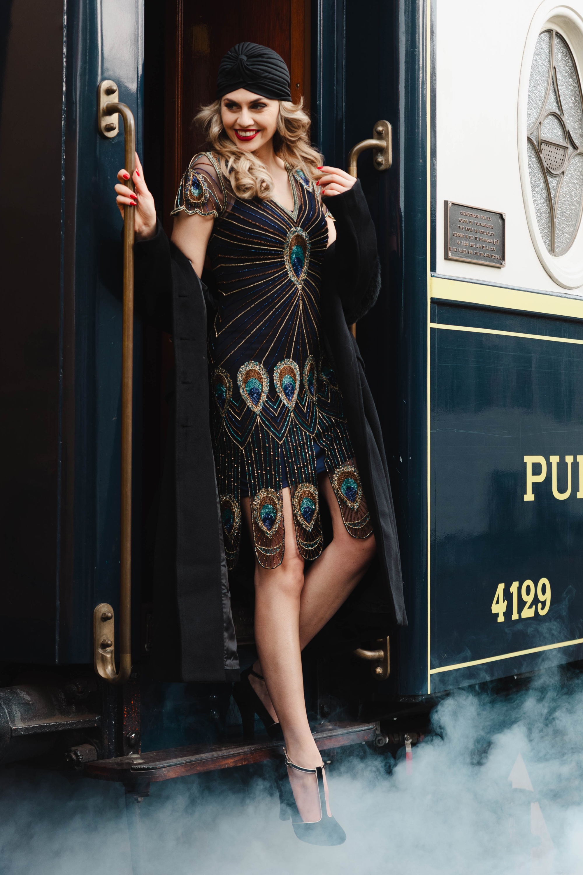 GatsbyLady - Amelia Peacock Flapper jurk in zwart en blauw