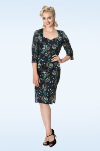 Banned Retro - Peacock Pencil Dress in Donkerblauw