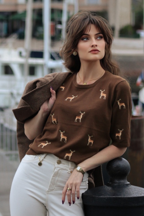 Banned Retro - Oh Deer gebreid truitje in bruin