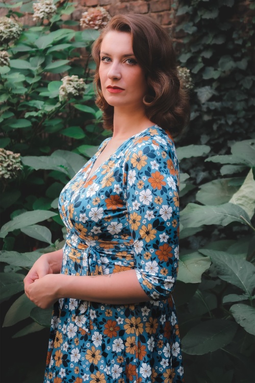 Vintage Chic for Topvintage - Topvintage exclusive ~ Aria Floral swing jurk in blauw en oranje 2
