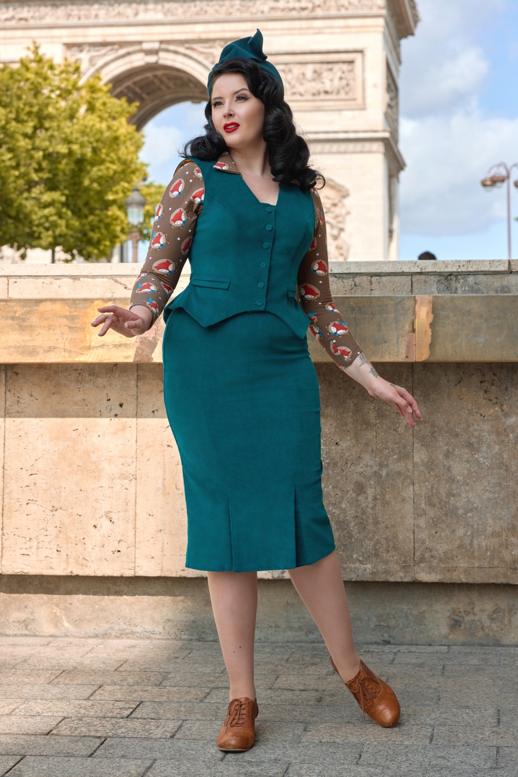 Miss Candyfloss Victoire Kat Corduroy Pencil Skirt in Petrol