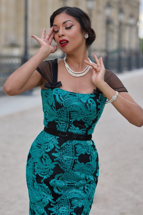 Miss Candyfloss - Jayda Tiffany Lace pencil jurk in zwart en turquoise  2