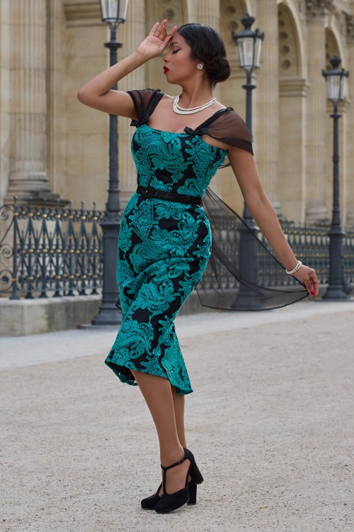 Miss Candyfloss - Jayda Tiffany Lace pencil jurk in zwart en turquoise 