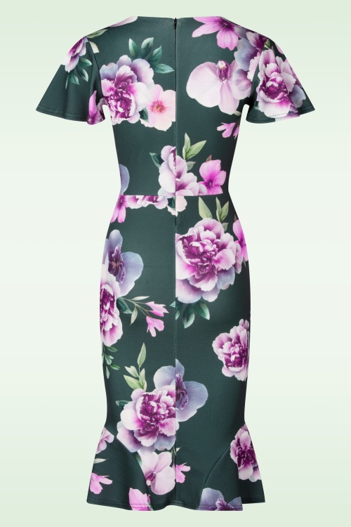 Vintage Chic for Topvintage - Topvintage exclusive ~ Katie Floral Jacquard pencil jurk in donkergroen en paars 3