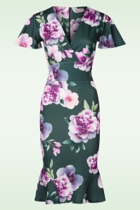 Vintage Chic for Topvintage - Topvintage exclusive ~ Katie Floral Jacquard pencil jurk in donkergroen en paars