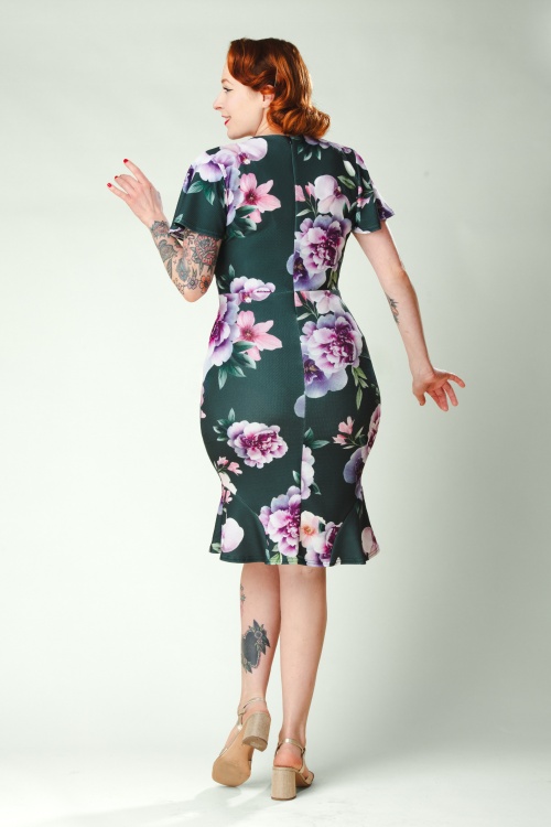 Vintage Chic for Topvintage - Topvintage exclusive ~ Katie Floral Jacquard pencil jurk in donkergroen en paars 3