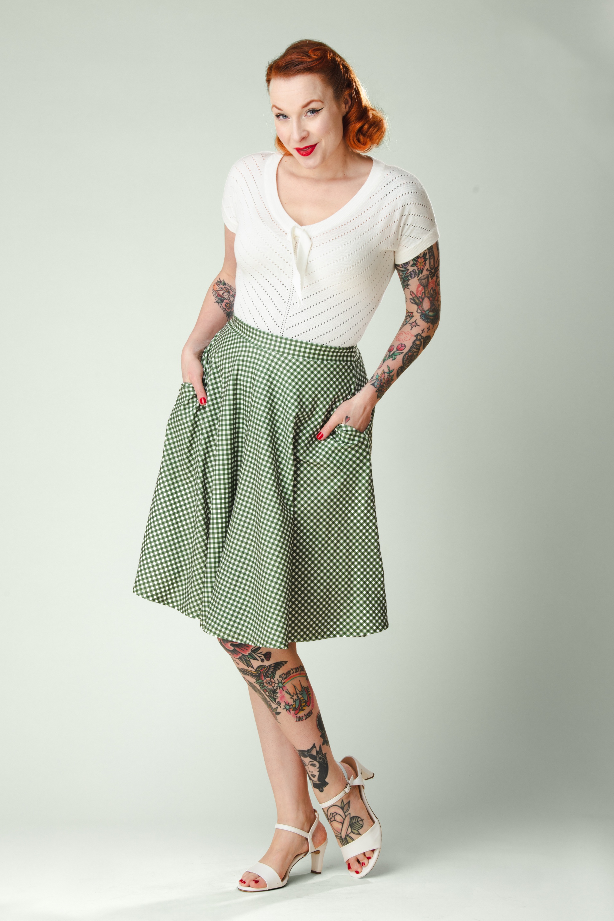 Vintage Chic for Topvintage - Topvintage exclusive ~ Betty gingham swing rok in groen en wit