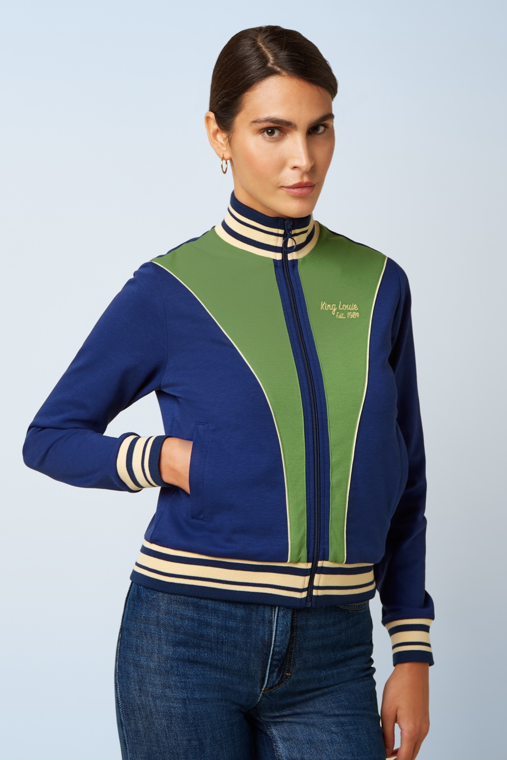 King Louie Colorblock Daytona Sweat coljack in beacon blauw | Topvintage