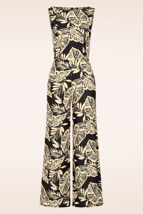 Vintage Chic for Topvintage - Topvintage exclusive ~ Tori Tropical Leaves jumpsuit in zwart