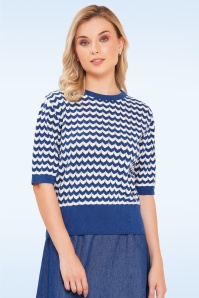 Circus - Gianna katoenen zigzag gebreide top in blauw en wit