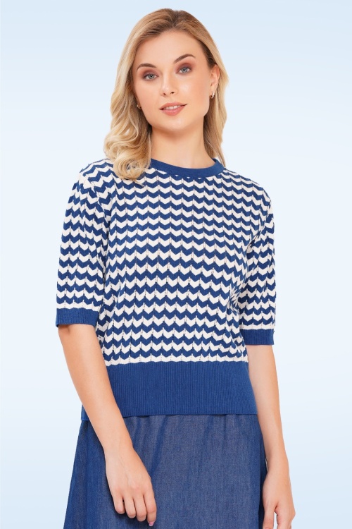 Circus - Gianna katoenen zigzag gebreide top in blauw en wit