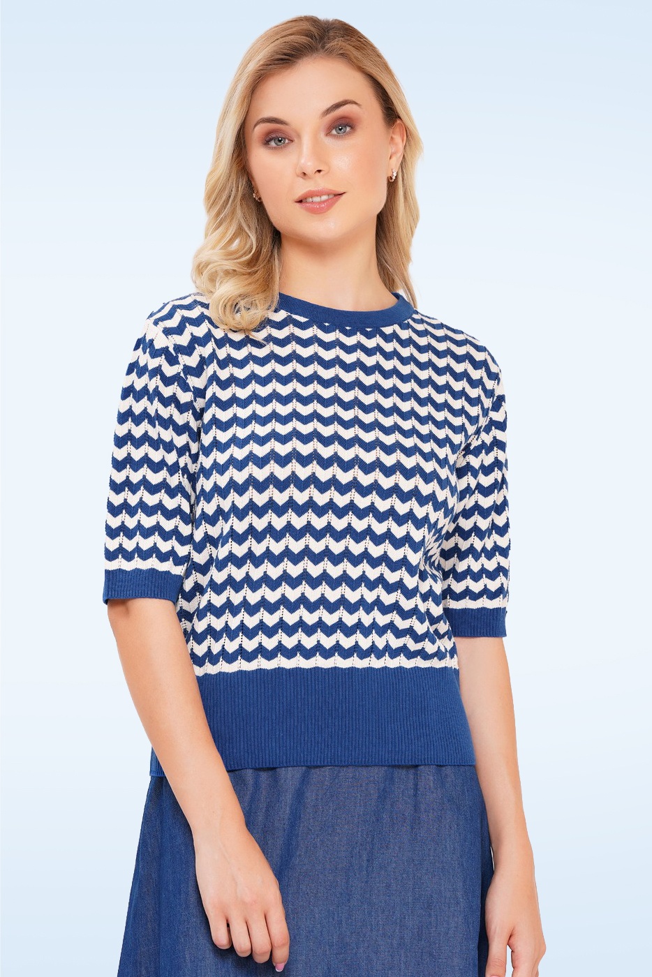 Circus - Gianna katoenen zigzag gebreide top in blauw en wit