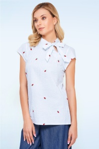 Circus - Anna katoenen gestreepte aardbeien blouse in lichtblauw en wit