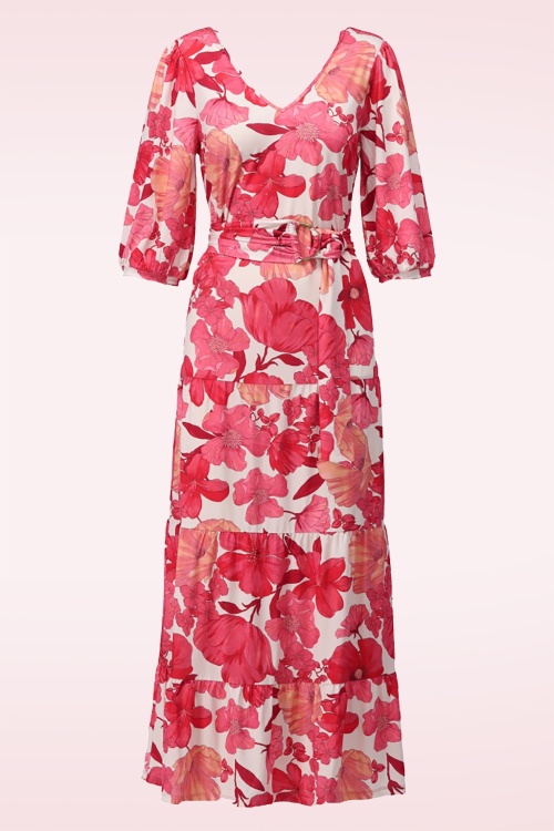 K-Design - Amber Blossom maxi jurk in gebroken wit en rood