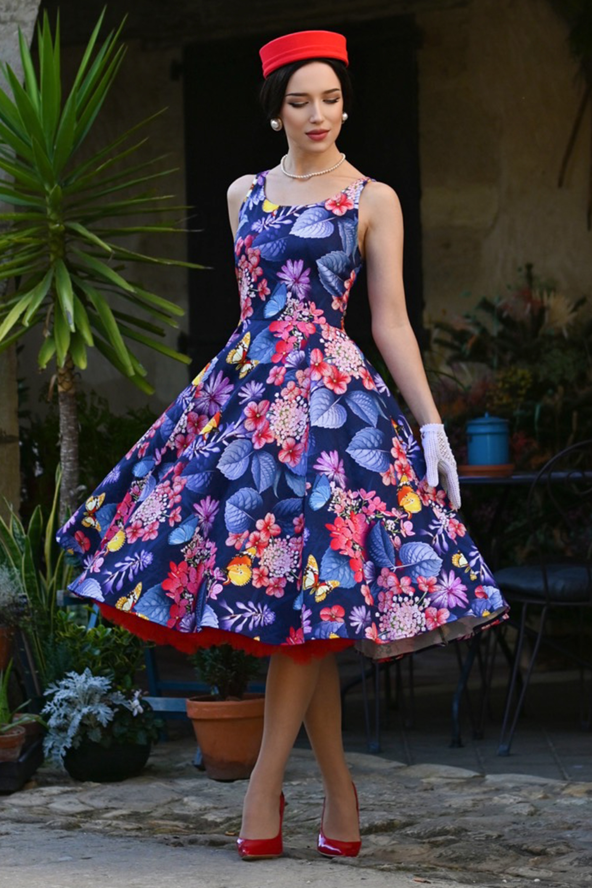 Hearts & Roses - Butterfly Garden swing jurk in marineblauw en multi