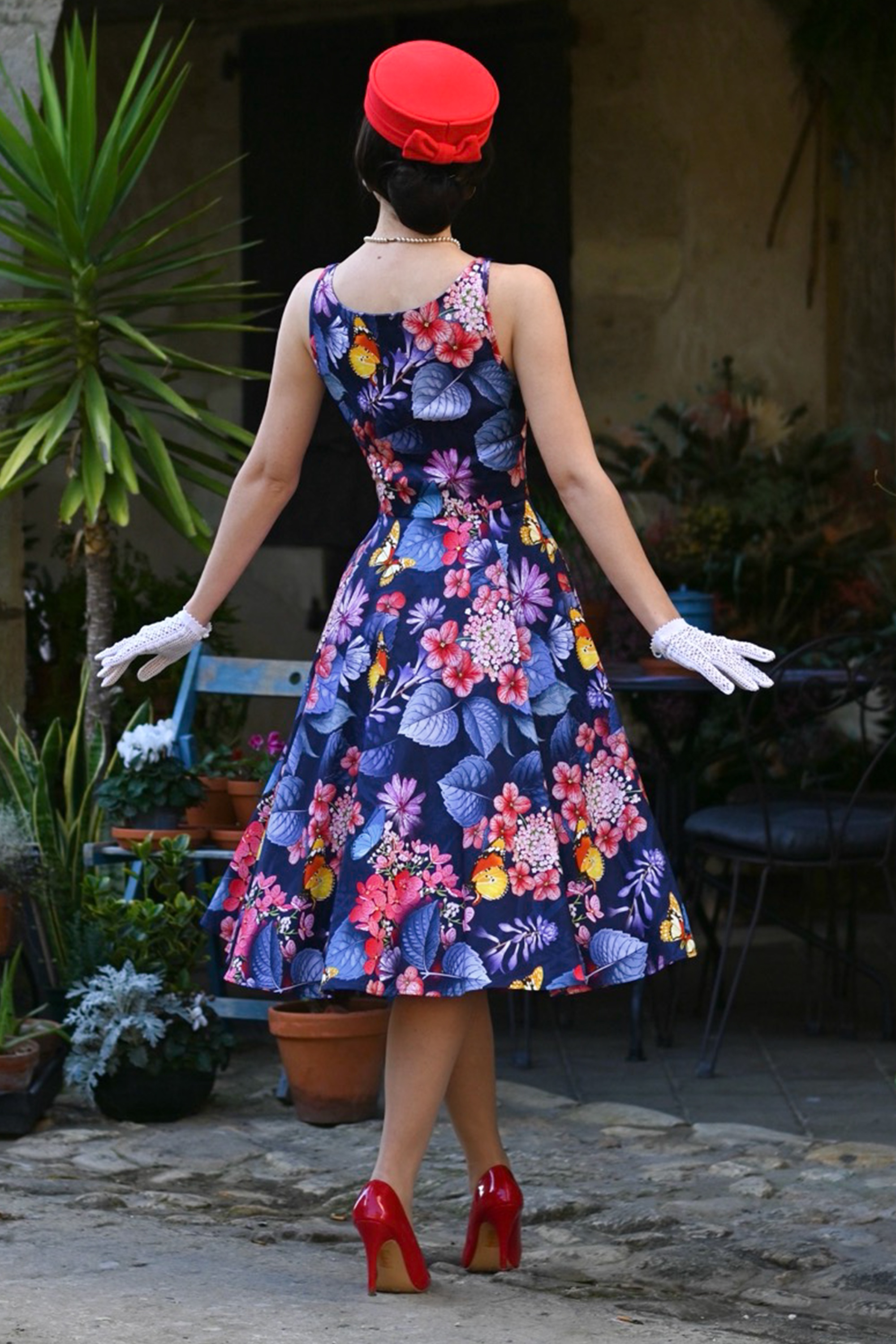 Hearts & Roses - Butterfly Garden swing jurk in marineblauw en multi 3