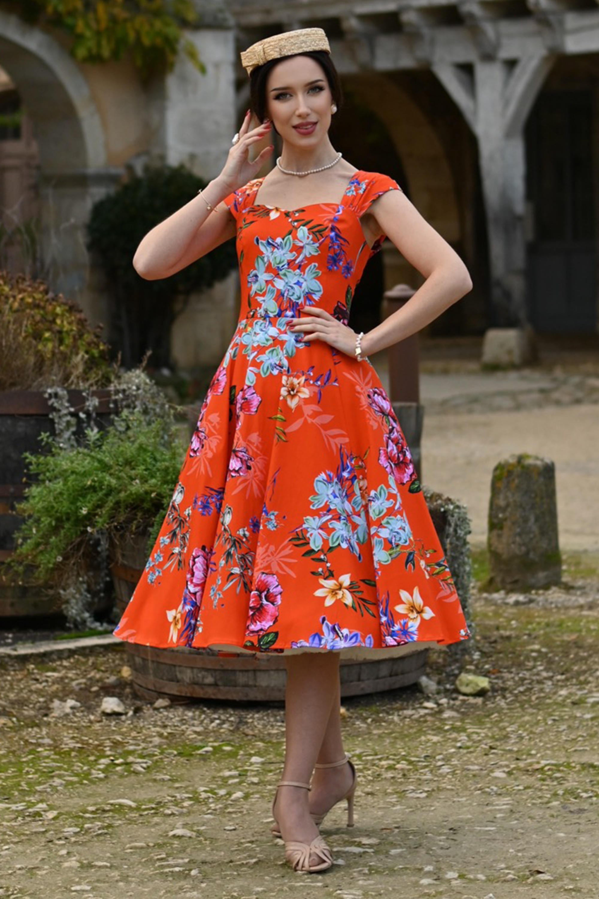 Hearts & Roses - Tangerine Blossom swing jurk in oranje