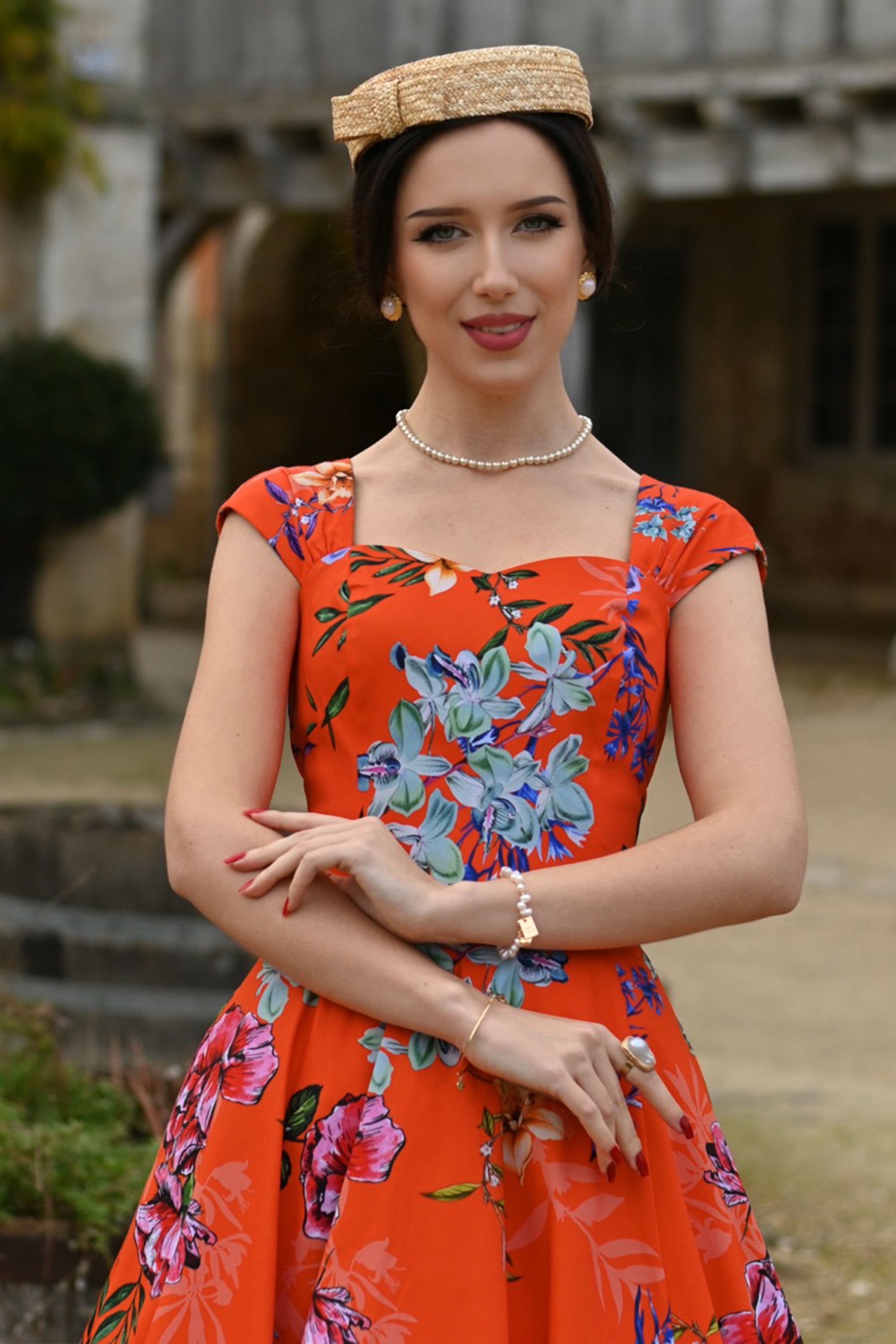 Hearts & Roses - Tangerine Blossom swing jurk in oranje 2