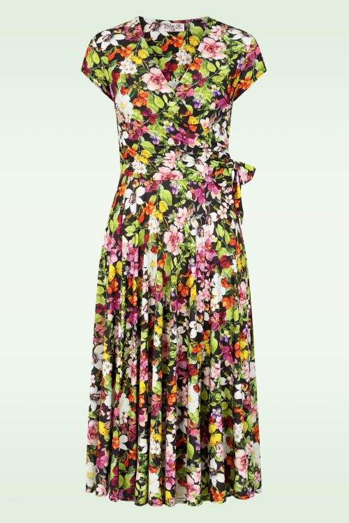 Vintage Chic for Topvintage - Topvintage exclusive ~ Layla Floral Cross Over jurk in zwart en multi