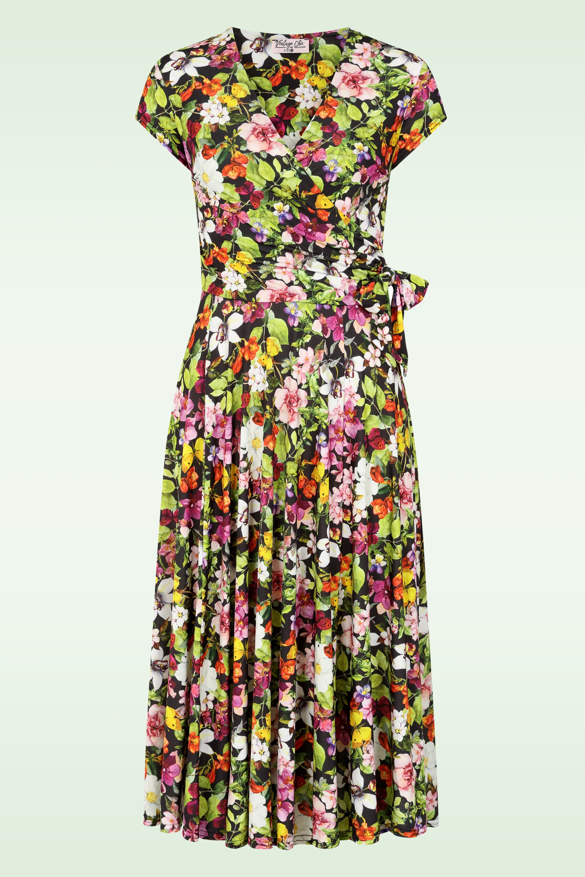 Vintage Chic for Topvintage - Topvintage exclusive ~ Layla Floral Cross Over jurk in zwart en multi