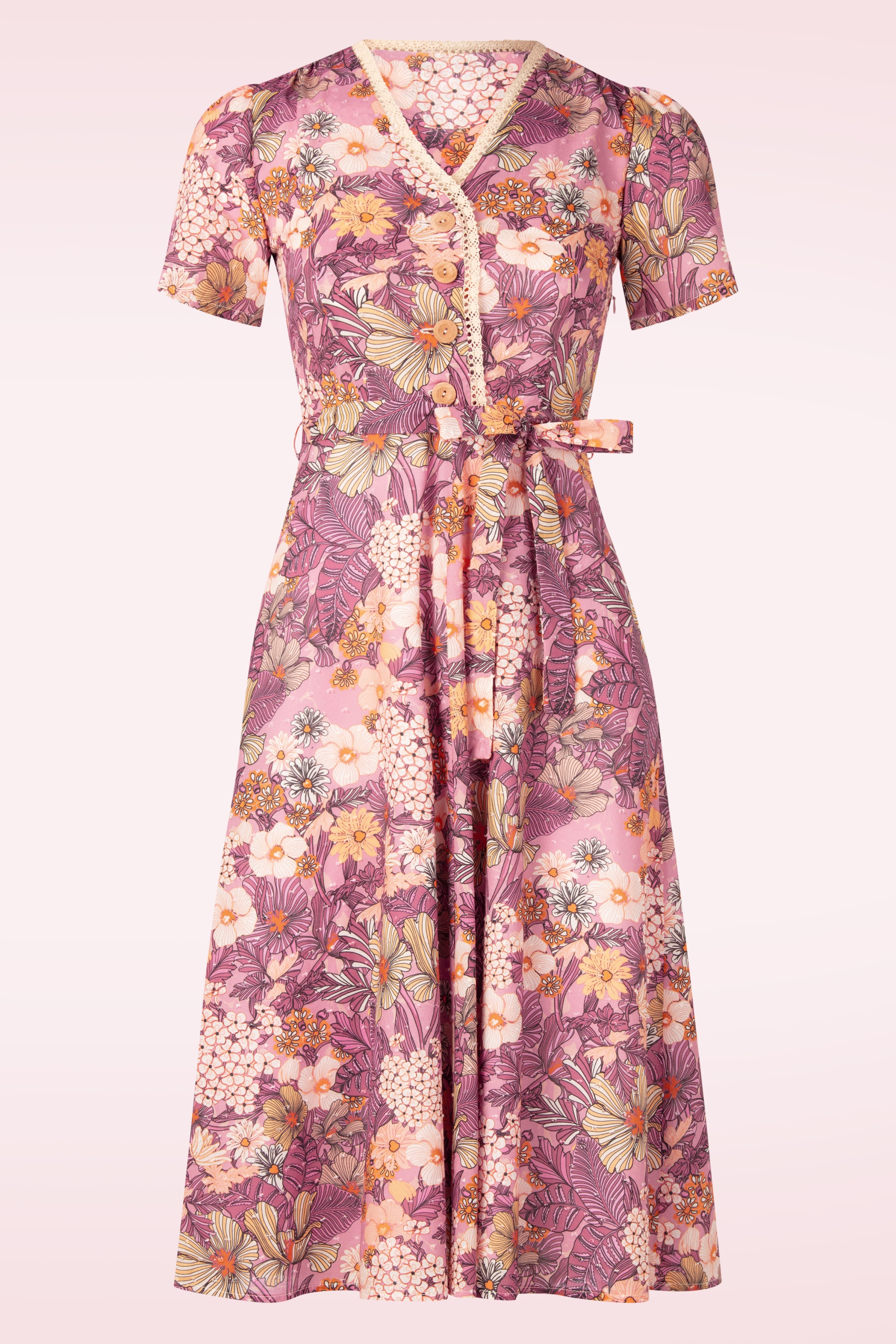 Very Cherry - Magnolia Mucha Flowers Plumeti midi jurk in roze