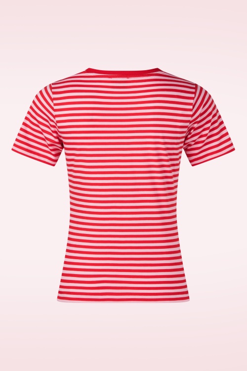 Mademoiselle YéYé - Endless Horizon Striped Cotton T-shirt in rood en roze 3