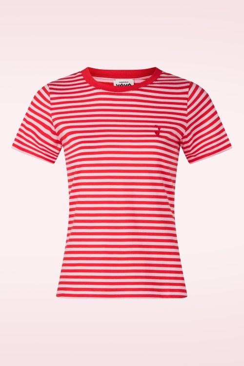 Mademoiselle YéYé - Endless Horizon Striped Cotton T-shirt in rood en roze