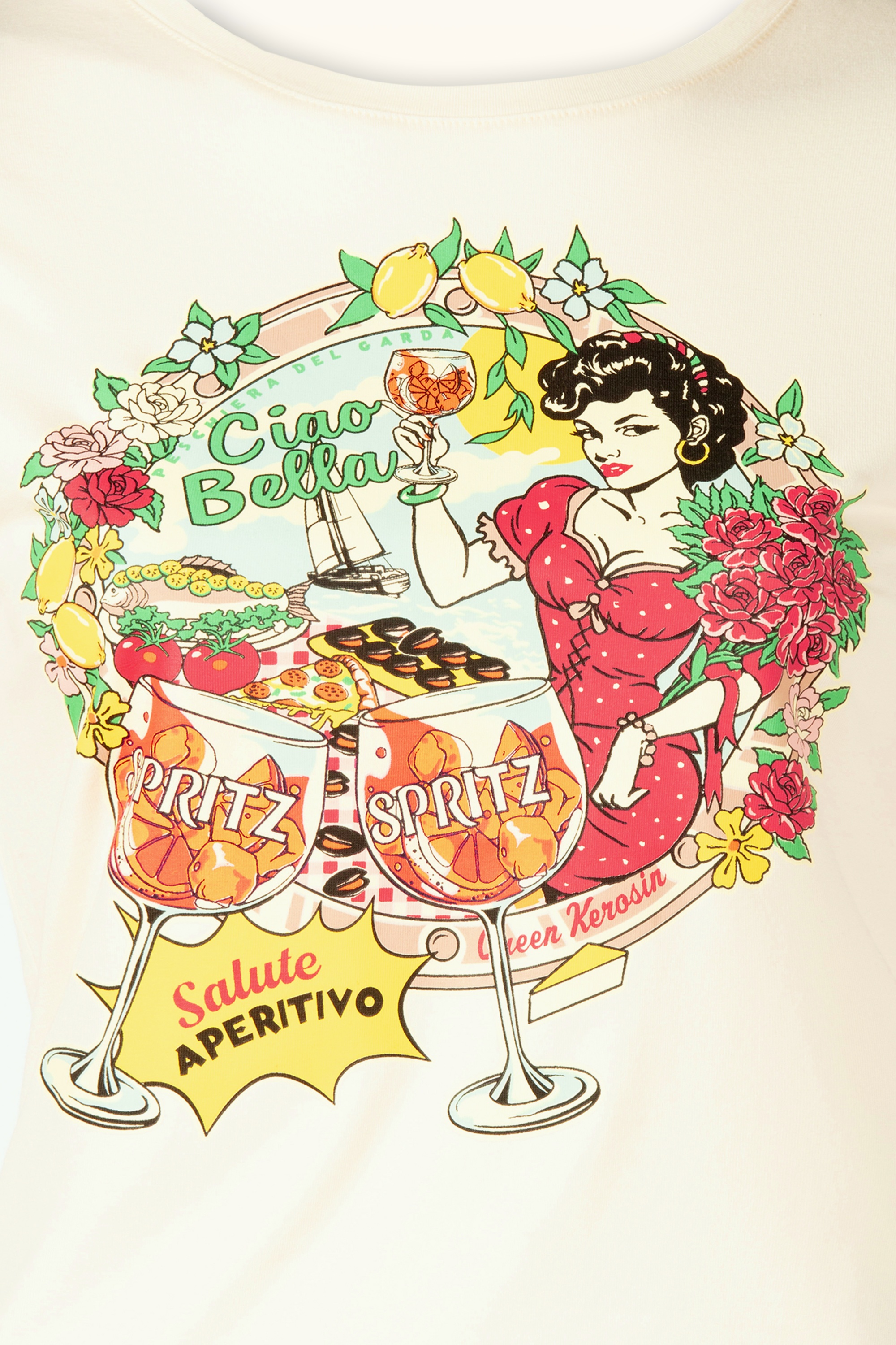 Queen Kerosin - Ciao Bella T-shirt in gebroken wit 2