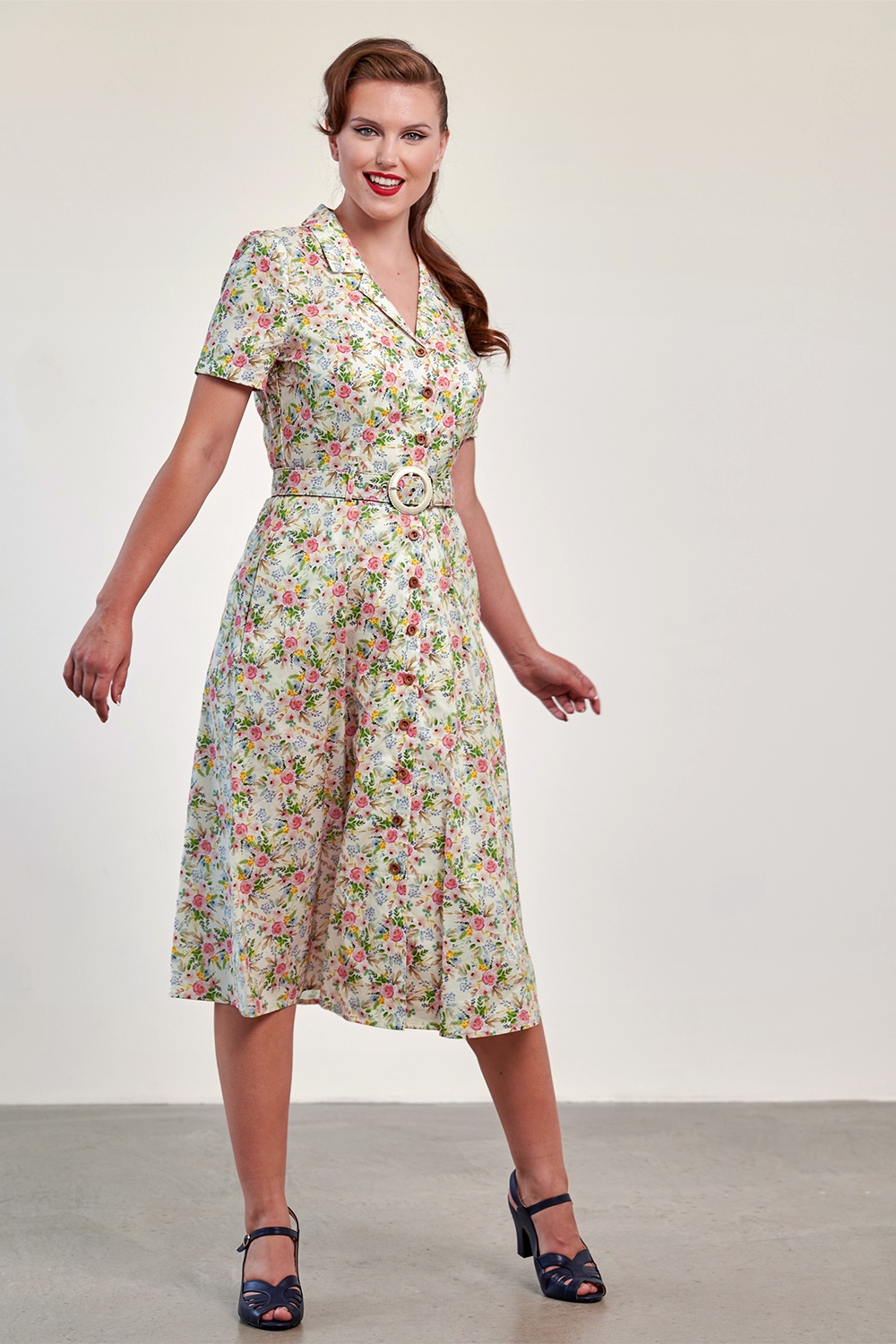 Banned Retro - Kate Bloom swing jurk in crème en multi