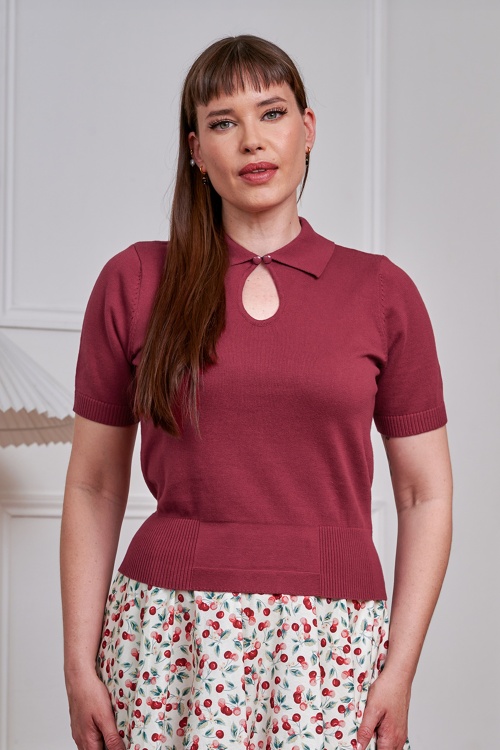 Banned Retro - Rosanna gebreide top van katoen in bordeauxrood