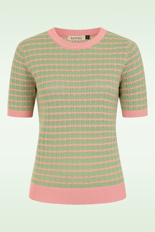 Banned Retro - Serena gebreid truitje van katoen in groen en roze 2