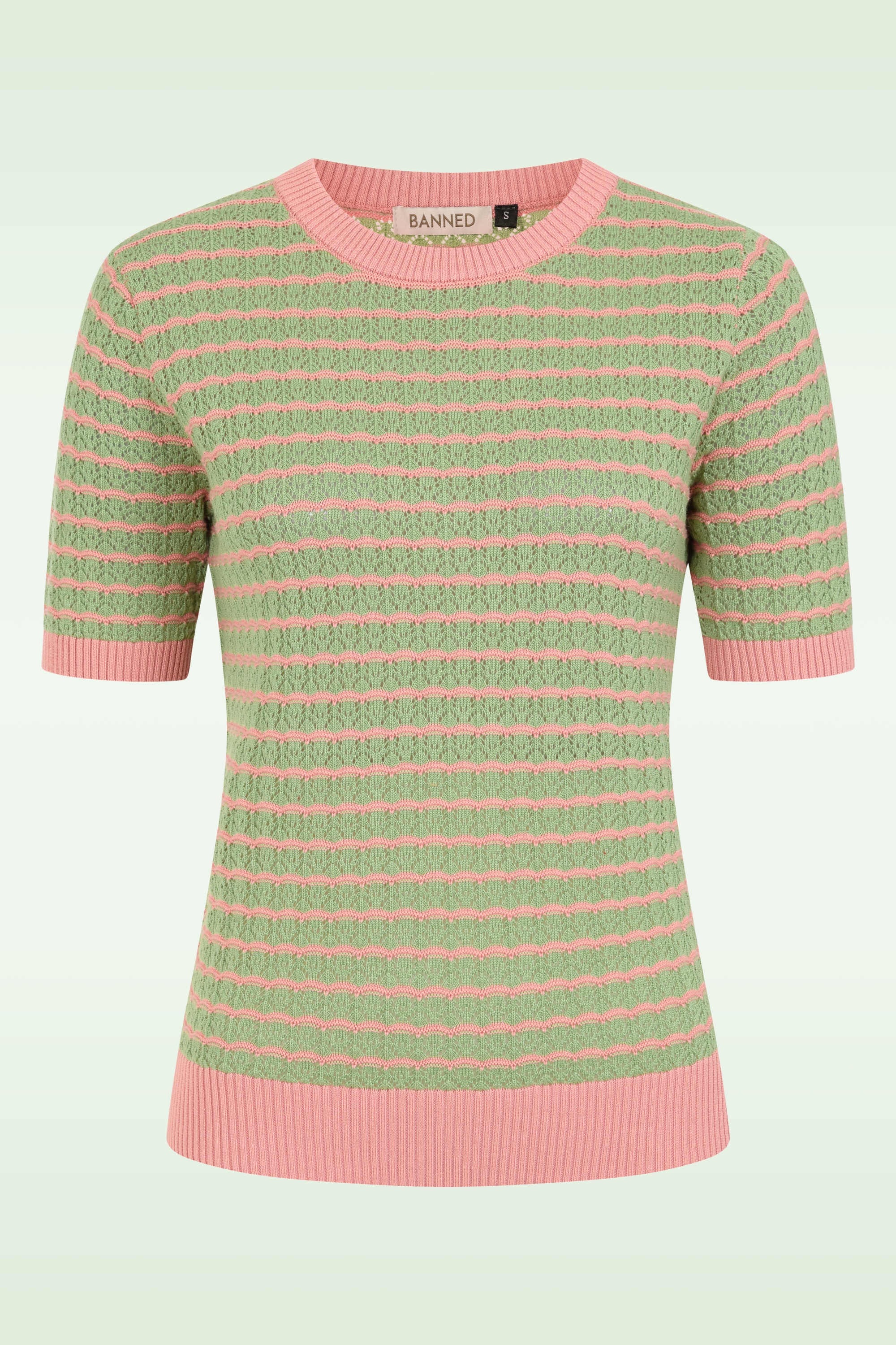 Banned Retro - Serena gebreid truitje van katoen in groen en roze 2